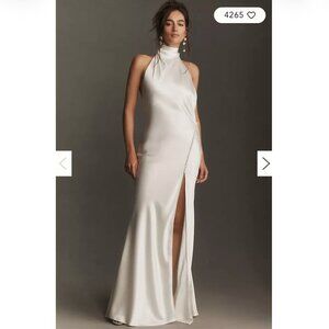 SAU LEE Penelope High-Neck Open-Back Satin Maxi Dress (Size 0)